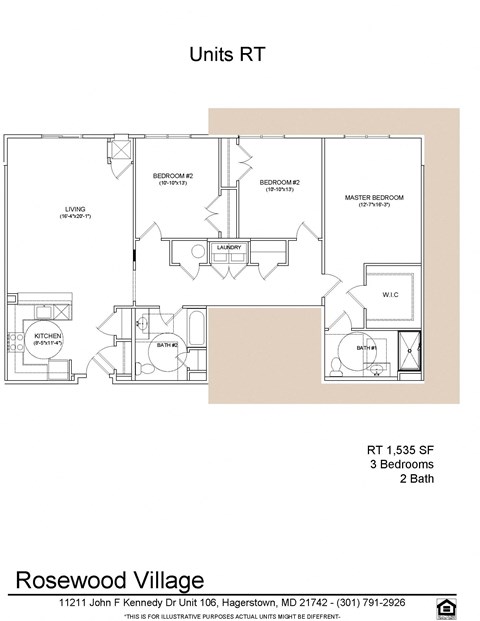 Floor plan for 3 beds, 2 baths, 1535 sqft